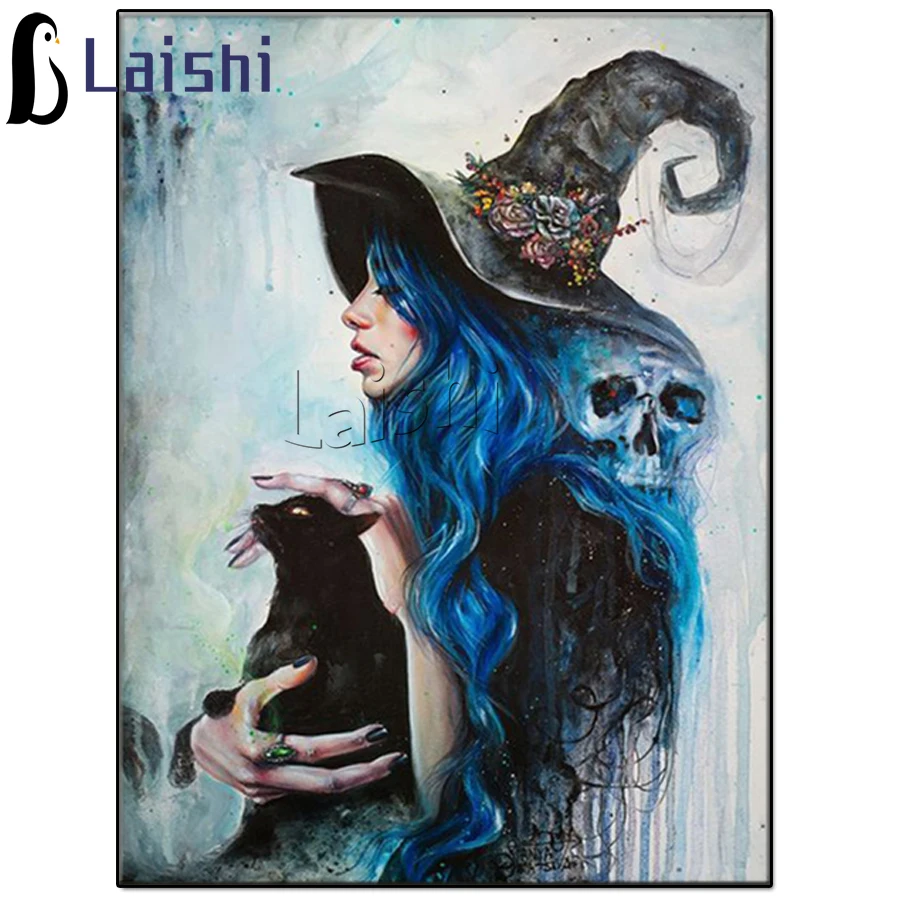 

Алмазная 5D картина «сделай сам» с ведьмой, черной кошкой, полноразмерная квадратная, круглая, с черепом, Женская Алмазная вышивка, вышивка к...