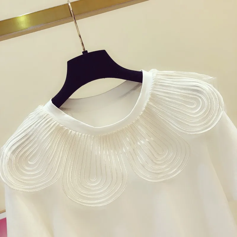 

2021 Summer New White Jumper Korean Style Fashionable Lace Collar Stitching Crew Neck Short-Sleeved T-shirt Women's Casual Top
