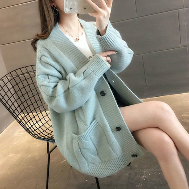 

New Solid Color Cardigan Sweaters Women Elegant V Neck Knitted Tops Long Sleeve Casual Loose Cardigans Autumn Winter Pull Femme