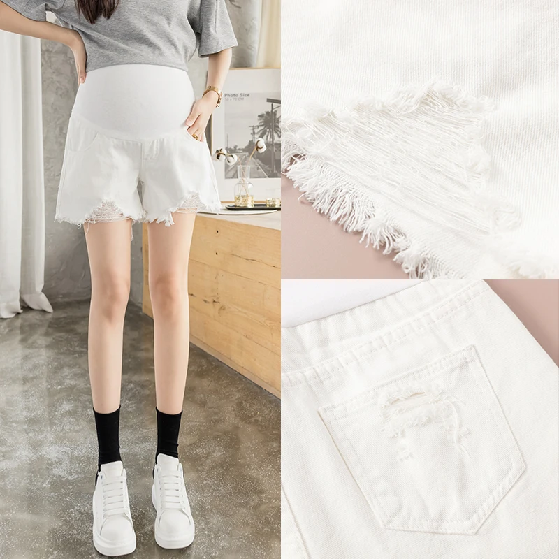 

6820 Summer White Denim Maternity Shorts Ripped Hole Wide Leg Loose Adjustable Belly Shorts Clothes for Pregnant Women Pregnancy