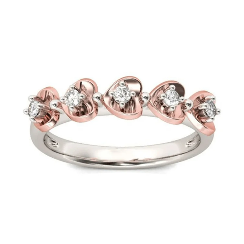 

Fashion Simple Rose Gold Color Two-Color Five Heart Crystal Zircon Ring for Women Engagement Party Wedding Rings Jewelry