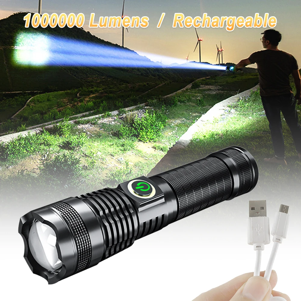

P70 LED Flashlight Torch with Telescopic Zoom USB Rechargeable Tactical Flashlight for Hunting Camping Torch with 26650 Battery