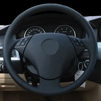 diy black faux leather car steering wheel cover for bmw e60 sedan 530d 2003 2009 e61 touring 2004 2005 2009