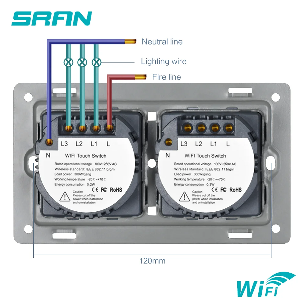 Настенный Беспроводной Выключатель SRAN английская 2 клавиши Wi Fi сенсорный