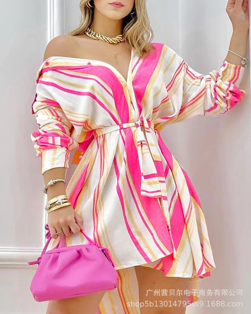 

Spot 2021 Women's New Thick Striped Long-sleeved Loose Shirt Dress-with Belt