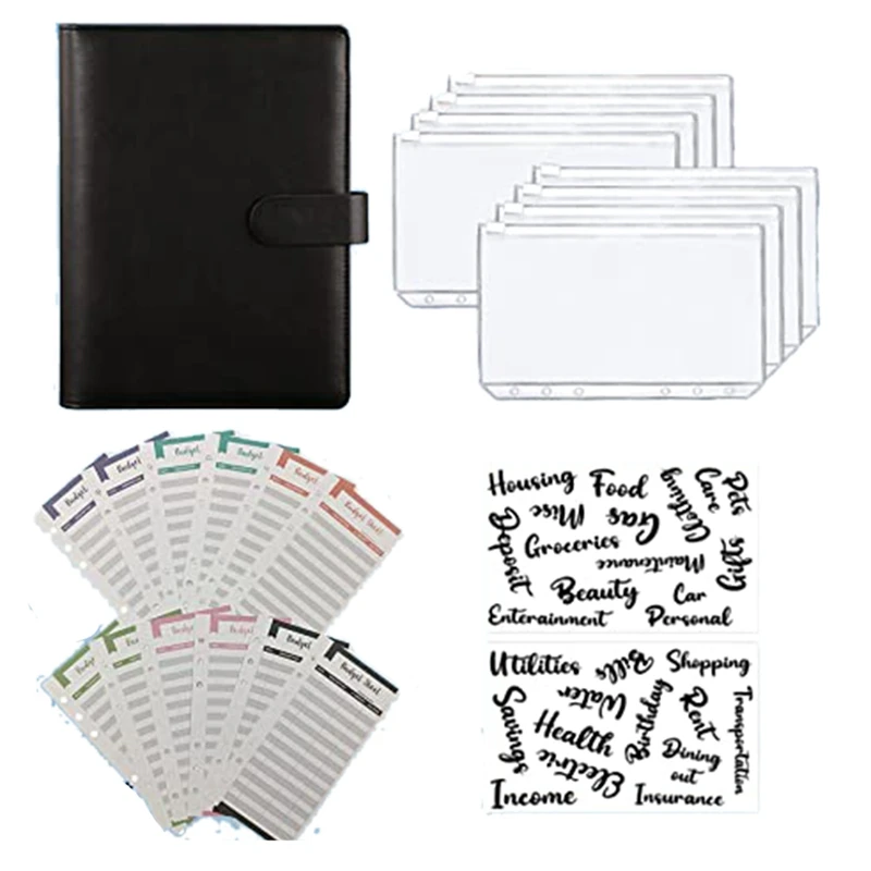 

A6 PU Leather Notebook Binder Budget, 6 Ring Binder Cash Budget Envelopes System, 12 Pieces Expense Budget Sheets