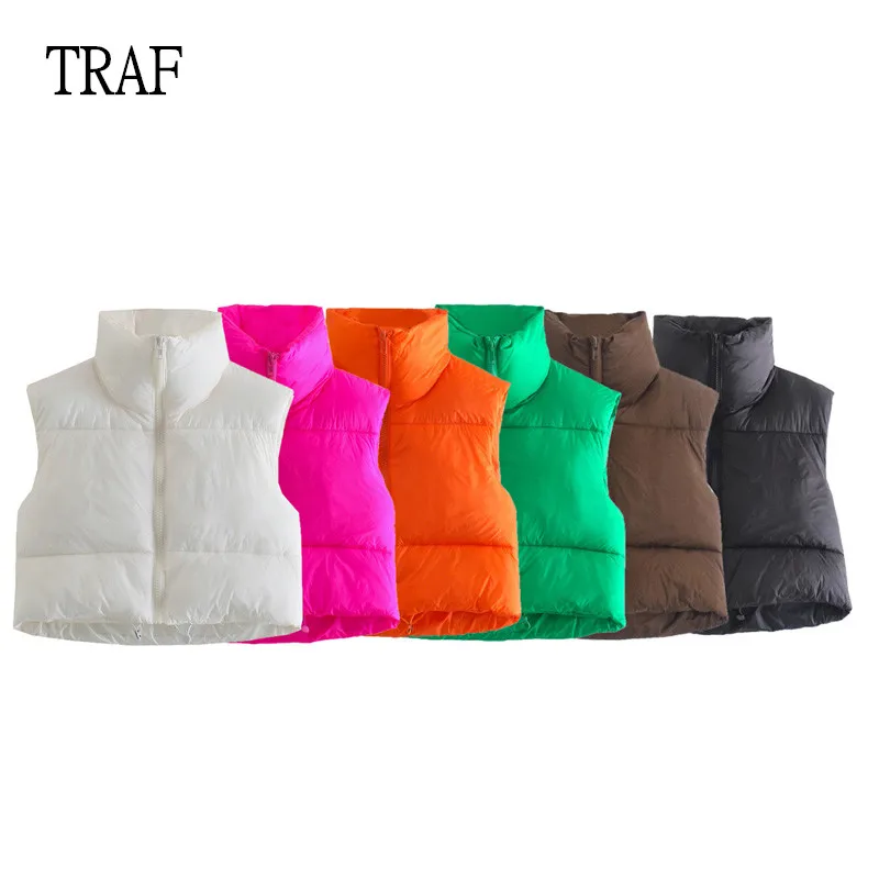 

TRAF Women Vest Winter Short Warm Vest Chic Jacket Lapel Zip Up Sleeveless Jacket Women Casual Vest Top Female Clothing