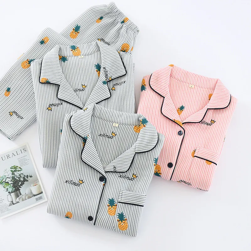 

Autumn Winter New Men's & Women's Pyjamas Set 100% Cotton Home Clothes Large Size Air layer Couple Pajamas Warm Sleepwear Suit