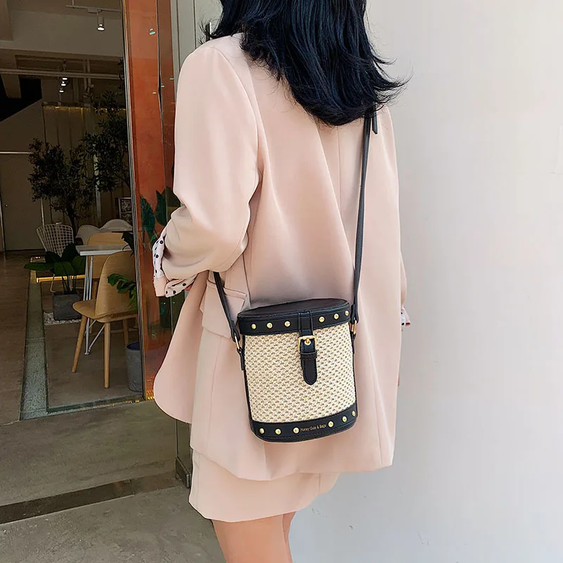 Mulit стиль соломенная + кожаная сумка женская ротанговая ручной работы тканая