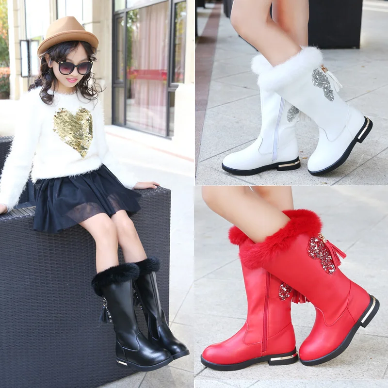 

Girls Fringe Boots Princess Kids Sequin Fur Designer Genuine Leather Boots Flat Plush Snow Botas Shoes 26-37 Party Wedding Shoes