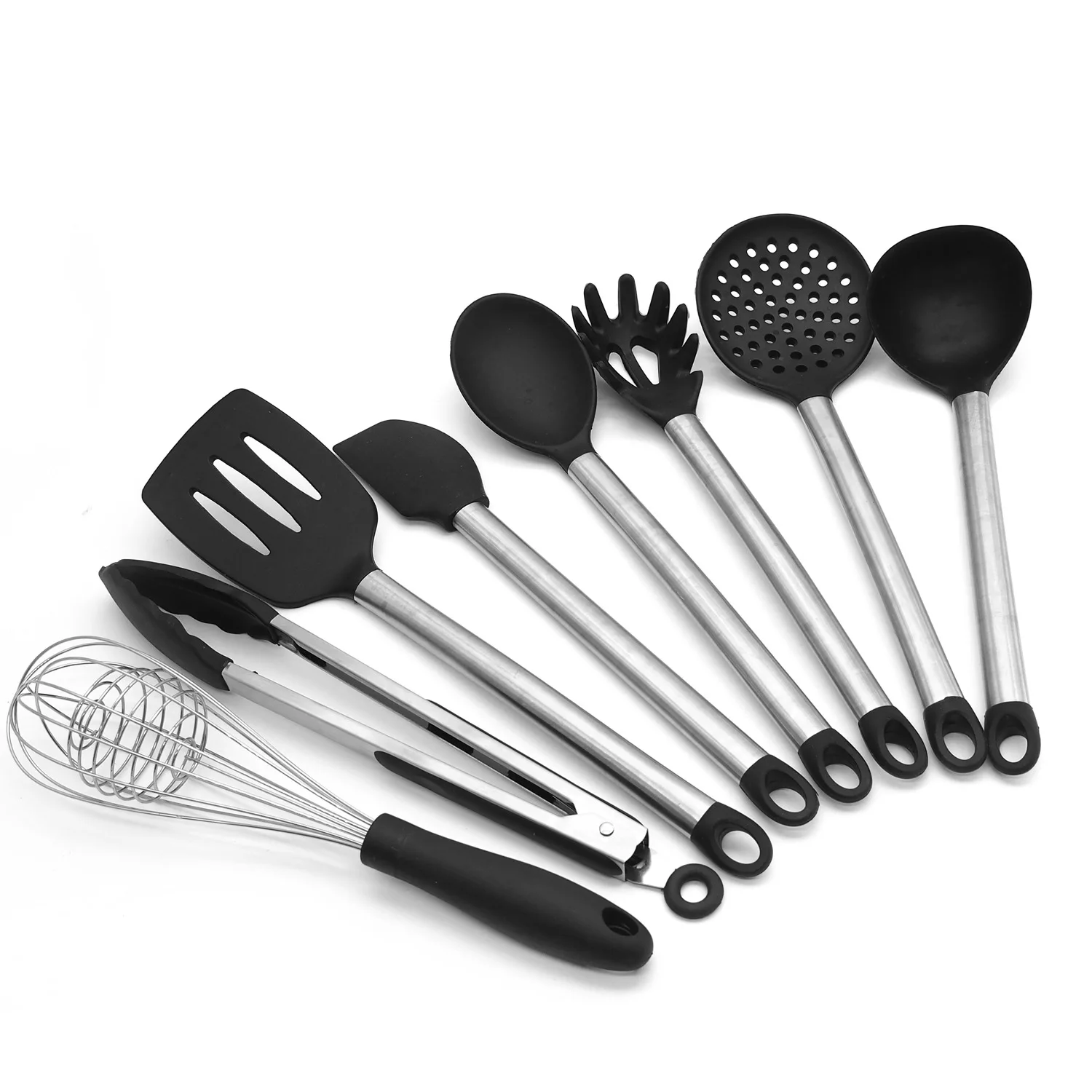 

Chinese Style Silicone Kitchenware with Stainless Steel Handle 8-Piece Set Silicone Spatula Spaghetti Spoon Kitchen Utensils