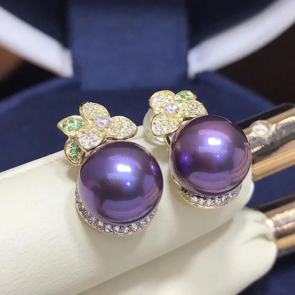 Pure 925 Sterling Silver Fine Jewelry Fresh Water 9-10mm Purple Pearl Stud Earrings for Women Fine Pearl Earrings