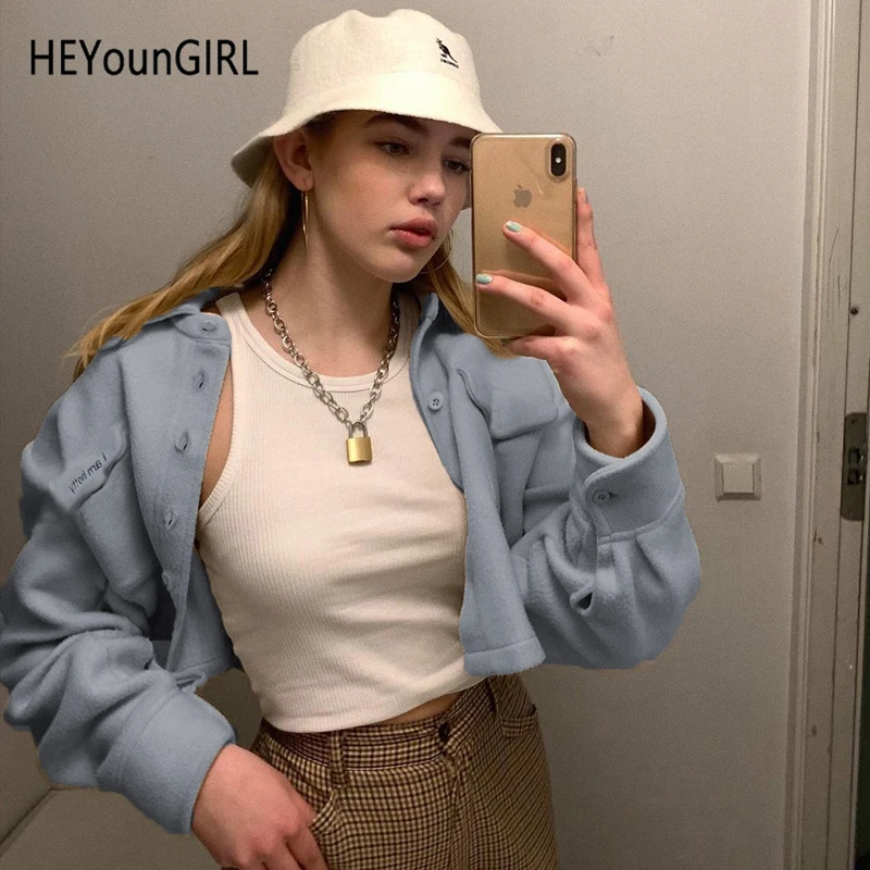 HEYounGIRL Свободная Повседневная укороченная куртка для женщин корейский стиль модные короткие пальто женские буквы с отложным воротником пальто осень зима