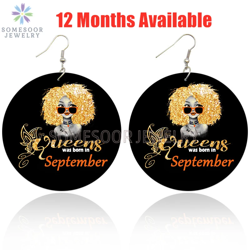 

SOMESOOR Black Golden Curls Hair Queen Afro Natural Wooden Drop Earrings Born in 12 Months Birthday Designs Print For Women Gift