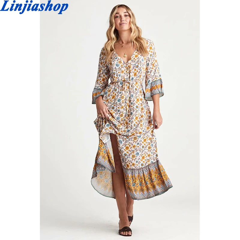 

Платье женское средней длины из вискозы, свободное короткое платье с цветочным принтом в богемном стиле, весна-лето