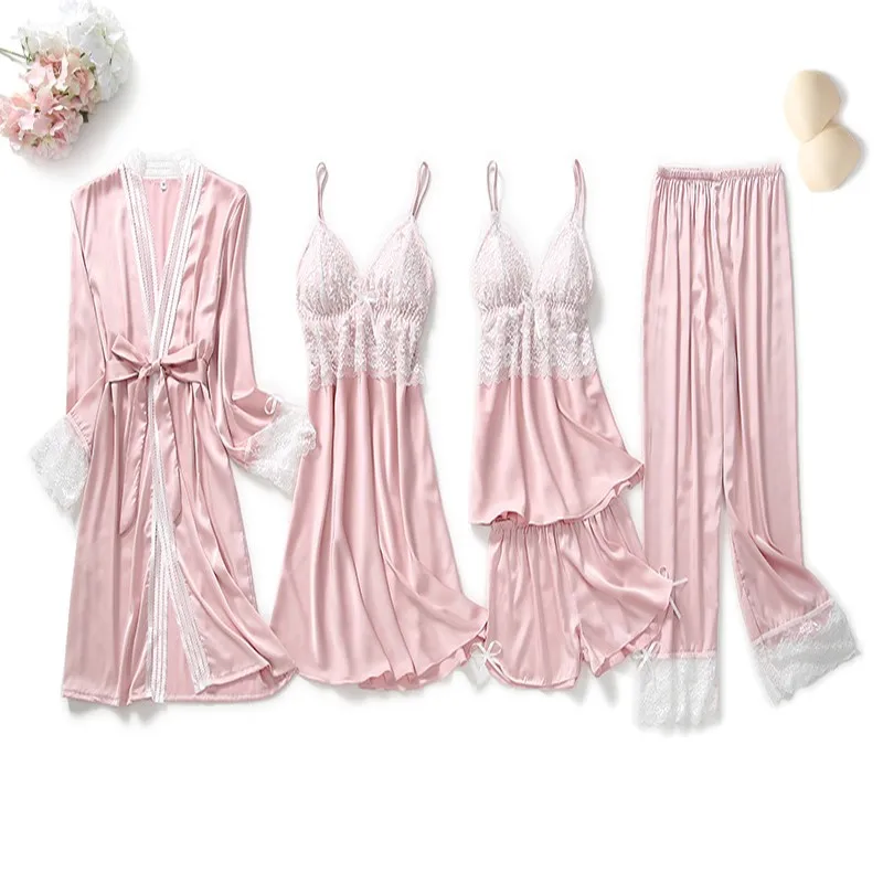 5 PCS Satin Robe Gown Sleep Suit Spring Womens Lace Flower Nighty&Bathrobe With Chest Pads Sleepwear Lounge Home Wear Nightgown