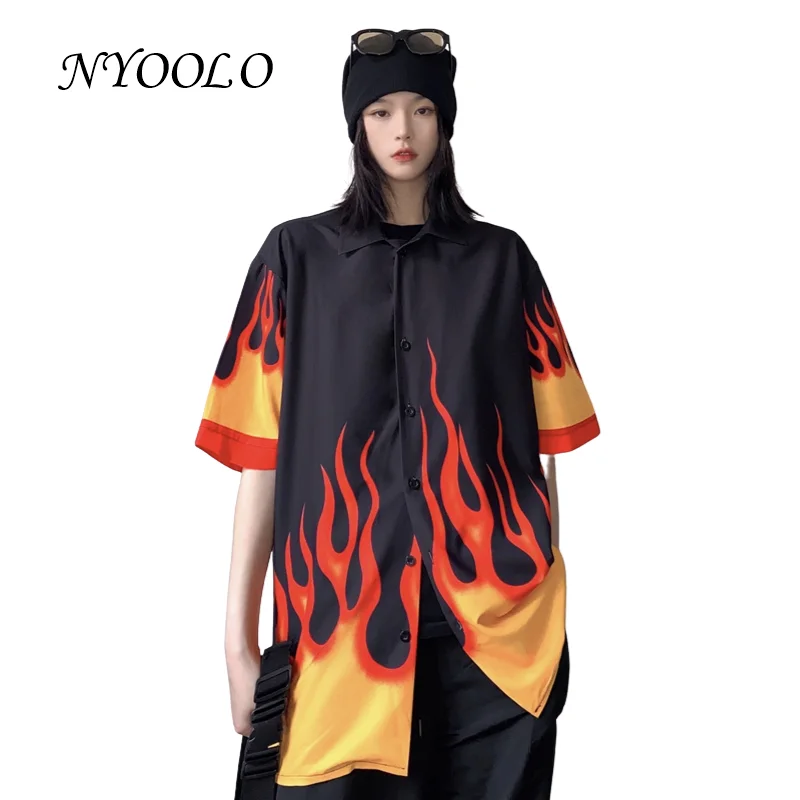 

NYOOLO Casual Streetwear Flame Pattern Short Sleeve Punk Shirt Women Men Clothing Summer Loose Hip Hop Skateboard Blouse Tops