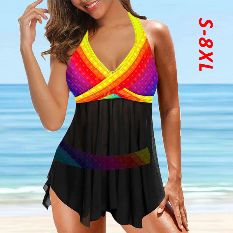 

Two Piece Swimsuit Female Bikinis Women Large Size Push Up Colorful Print Mesh Bathing Suit Tankini Plus Size Swimming Suit 8XL