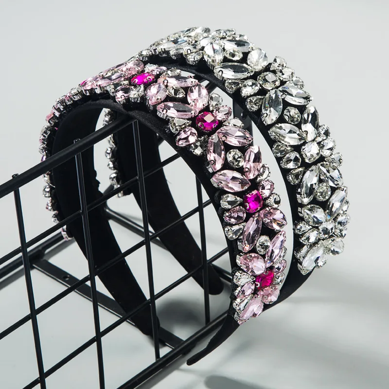 

Shiny Crystal Wide Thick Hair Hoop Head Bezel Wrap Hair Accessories Baroque Rhinestone Padded Headband Hairband for Women