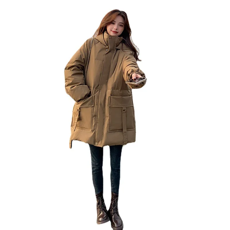 Starry Khaki Down Jacket Women's Winter Long Hooded White Duck Down Loose Thick Coat