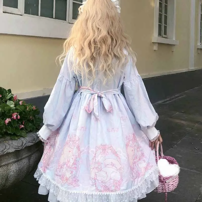 

Op Kawaii Lolita Dress Japanese Cartoons Cat Soft Girl Long Sleeve Tea Party Lolita Dress Spring Autumn Lace Splicing Cute Dress