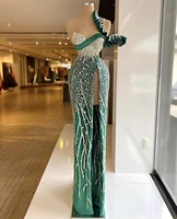 one shoulder green mermaid evening dresses crystal beaded high side split formal prom gowns custom made plus size pageant wear