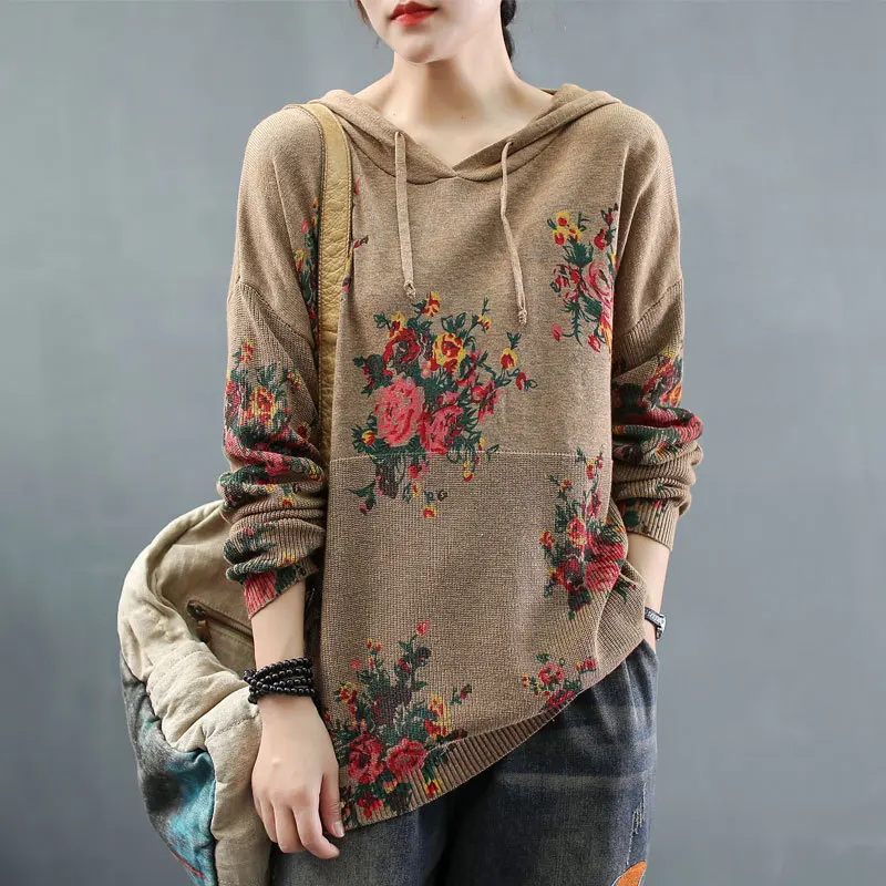 Женский вязаный свитер Max LuLu в китайском стиле с цветочным принтом капюшоном