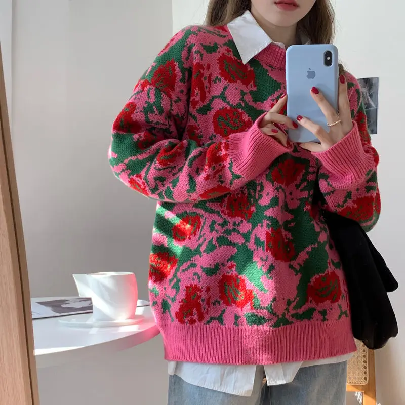 

Sweater autumn and winter 2021 New Retro rose jacquard Pullover Sweater women's relaxed western style top