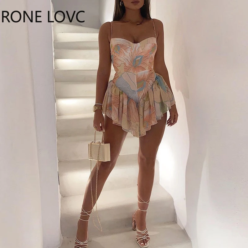 Женское платье-мини на тонких бретельках с цветочным принтом и оборками | Женская