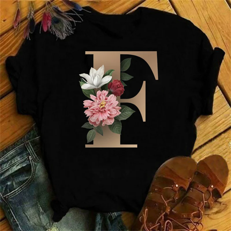 

NEW Women T Shirts Custom Name Letter Combination Women's T-shirt Tshirt Flower Letter Font A B C D E F G Black Tees T-shirts