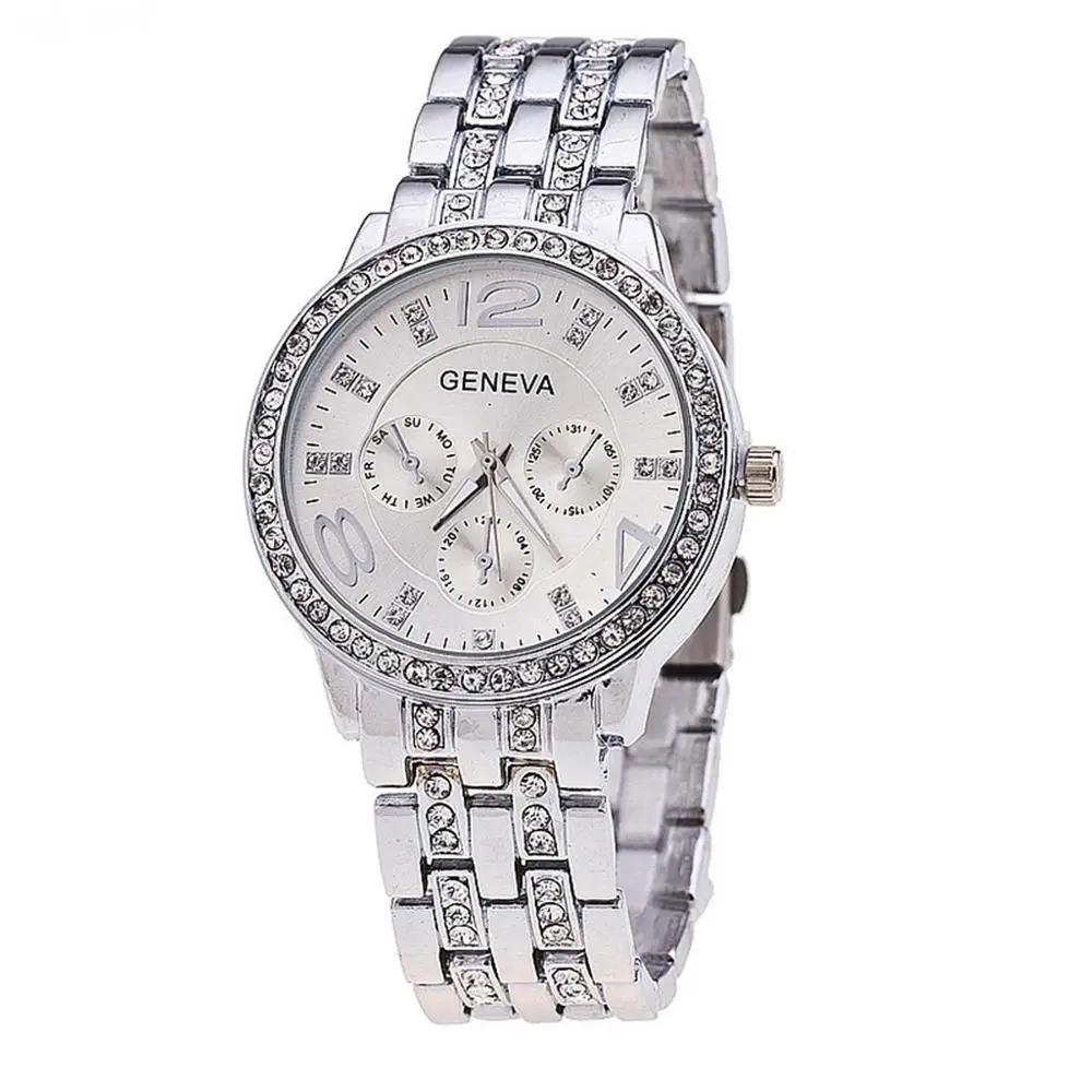 

Женские часы Geneva, модные роскошные брендовые наручные часы Relogio Feminino, женские кварцевые часы из Золотой стали, повседневные часы с кристалла...