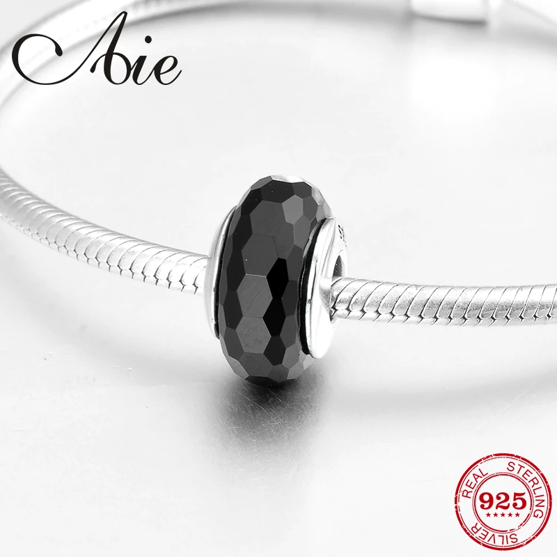 Хит 100% Настоящее серебро 925 пробы черный тонкий муранский стеклянный бисер