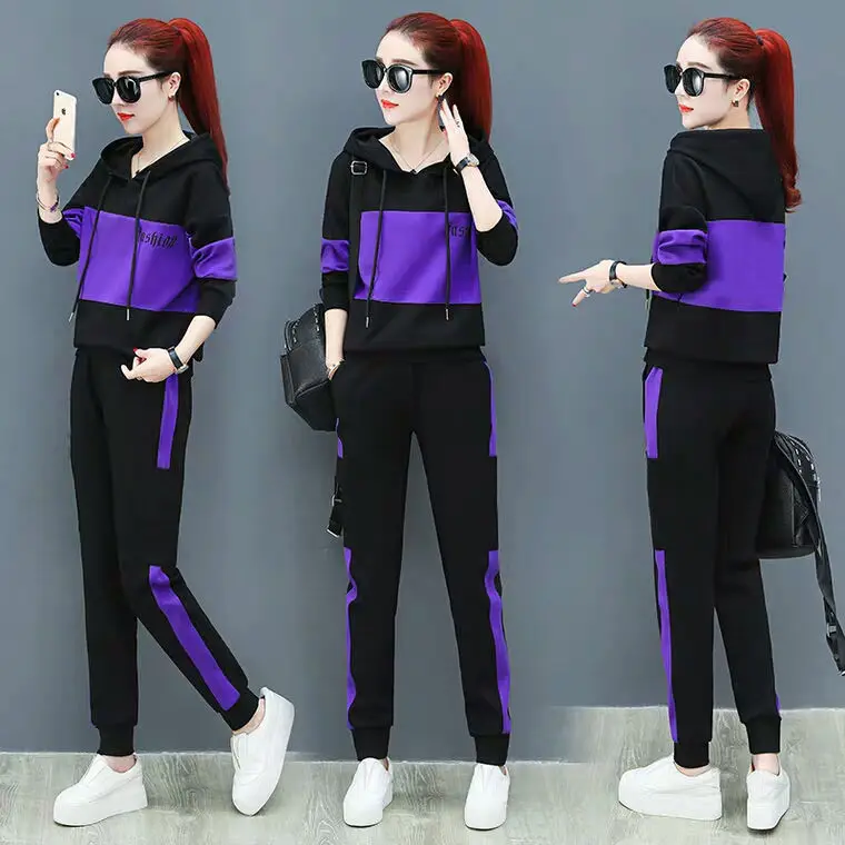 

2020 Spring and Autumn New Running Suit, Female Casual Korean-Style Loose Slimming Hooded Sweater Large Size Two-Piece Set