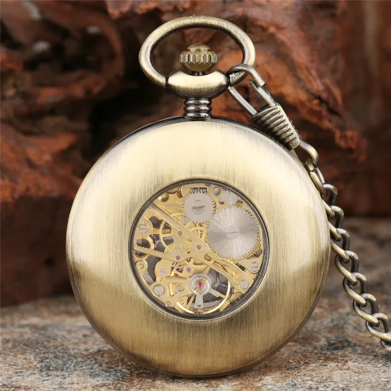 Retro Bronze Wooden Frame Half Hunter Unisex Handwinding Mechanical Pocket Watch Roman Number Dial Design Pendant FOB Chain Gift