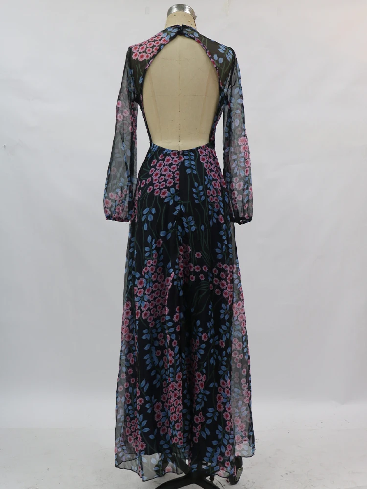 Vacation Dresses Women A-Line Floral Print Backless Maxi Beach Dress Ladies Elegant Party Night Slim Dress Summer Beachwear