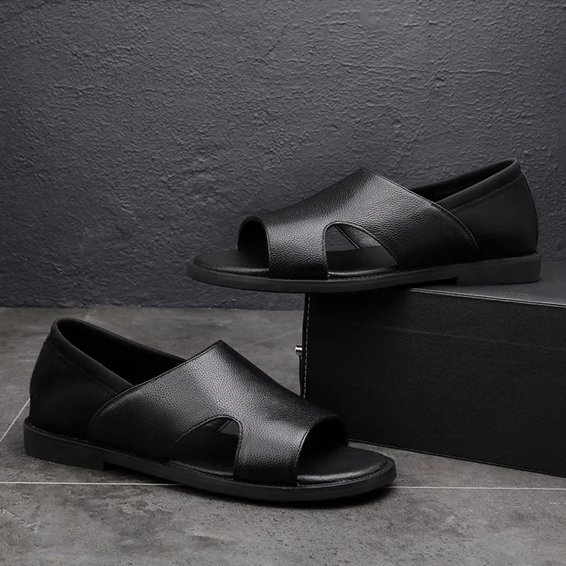 

Fashion Rome Sandals for Men Leather Beach Sandals Black Male Summer Shoes Comfortable Gladiator Men Sandals