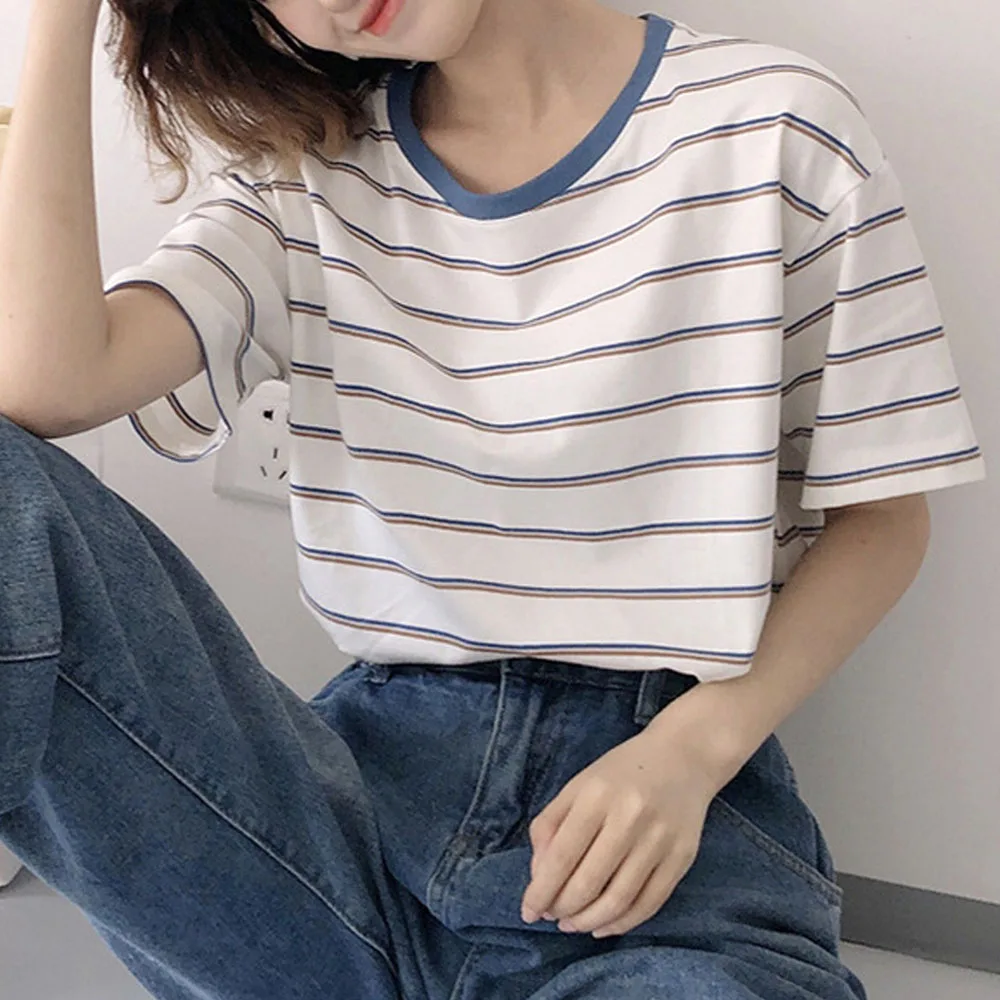 

Summer T-shirt Vintage Color Striped Woman Tshirts New Comfortable Chic Female Korean Straight Tops