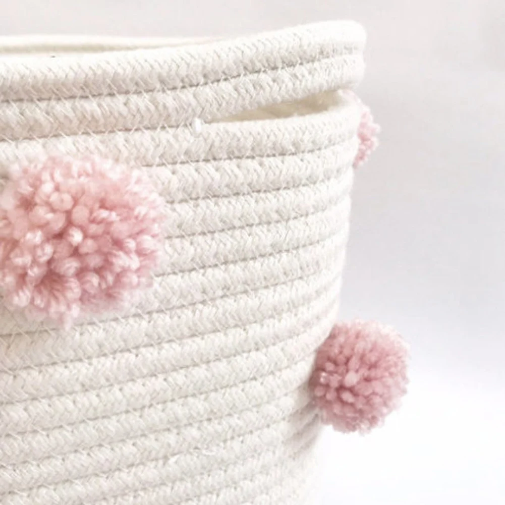 Pomp&oacute;n de punto de cuerda de algod&oacute;n de moda, cesta de seguridad para lavander&iacute;a, Cubo de almacenamiento de juguetes, utiler&iacute;a para fotos-3
