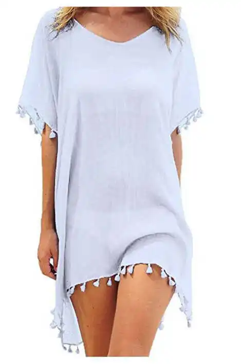 

Meihuida Vintage Women Beach Dress Solid Mesh Cover-Ups Beachwear Ladies Tassel Swimwear Short Sleeve Bathing Chiffon Cover Up