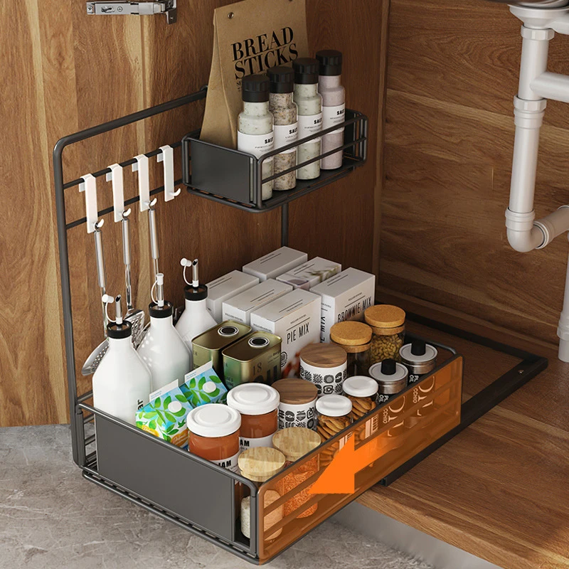 

Новый 2-Ярусный ящик для хранения под раковиной для кухни, большой органайзер для банок и бутылок, стойка для шкафа, выдвижной ящик с крючкам...