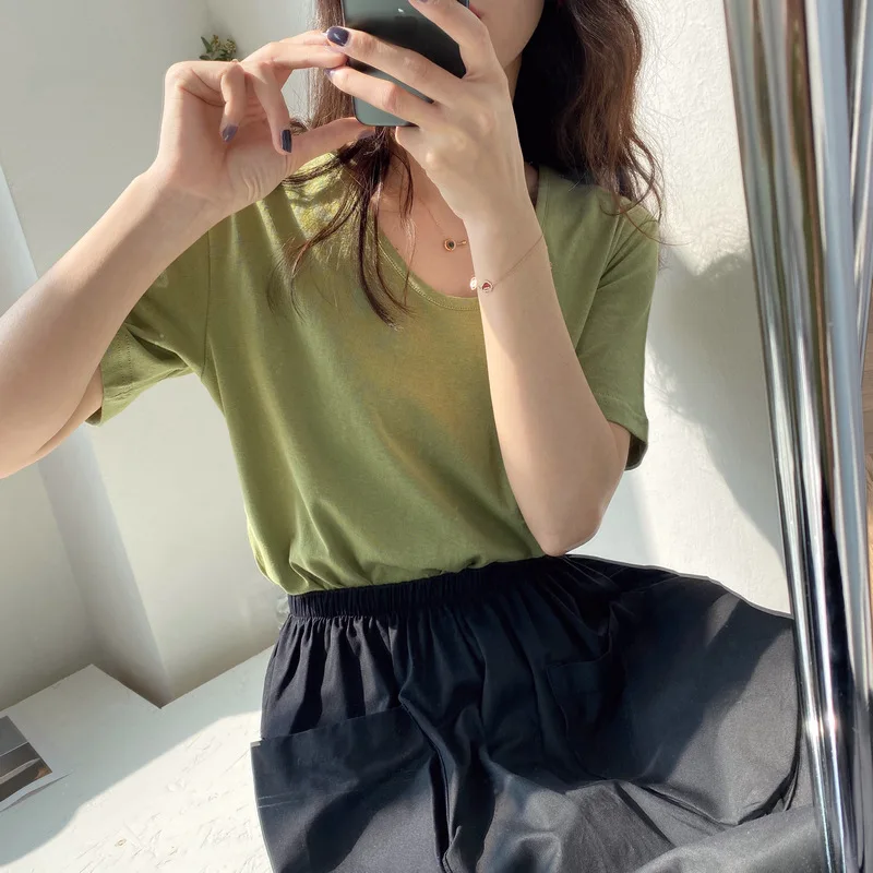 Летние однотонные Топы HXJJP универсальная комфортная женская футболка с коротким