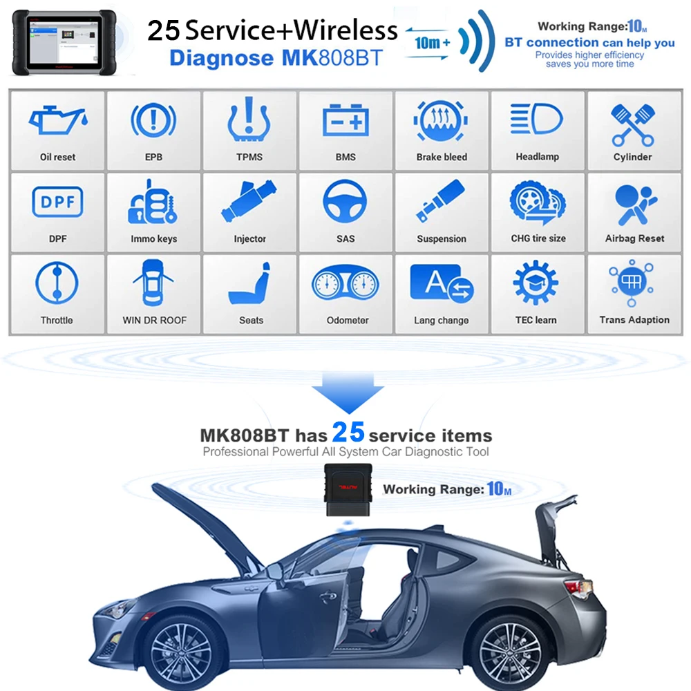 Autel MaxiCom MK808BT автомобильный диагностический инструмент OBD2 беспроводной