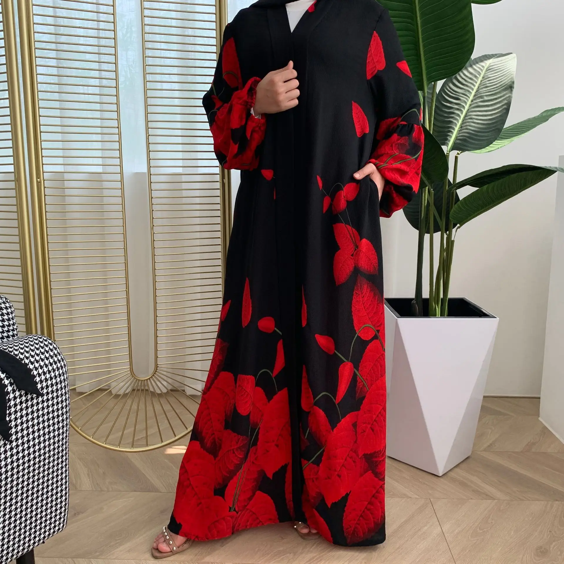 Новинка 2021, мусульманский арабский модный кардиган Ближнего Востока с принтом, платье с рукавами-фонариками, мусульманская одежда для женщ...