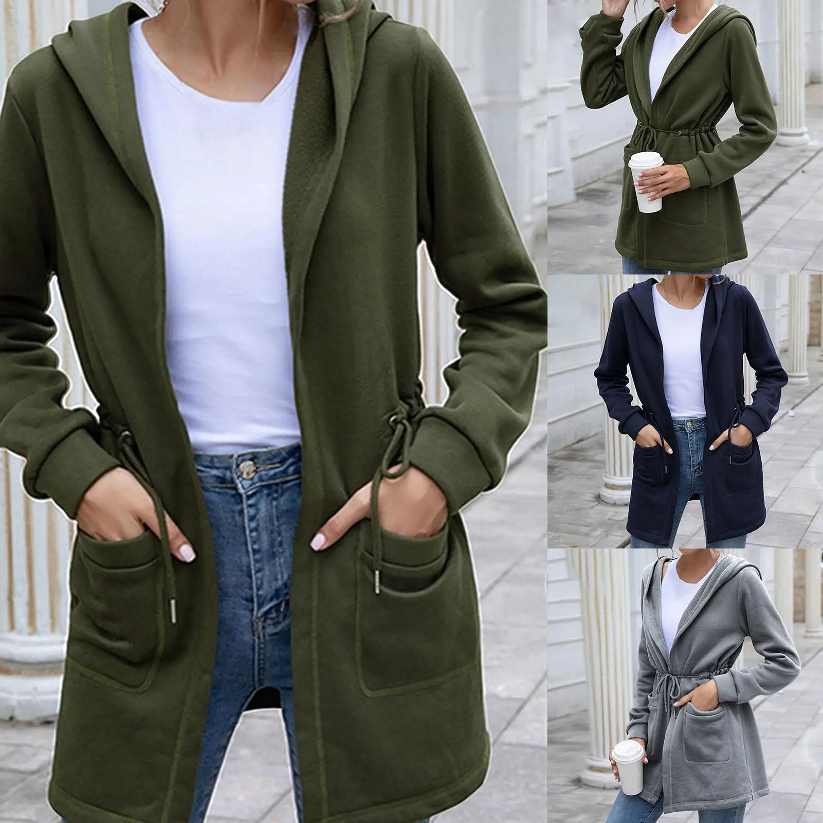 

Women Autumn Winter Waist Drawstring Hooded Coat Open Front Mid-length Cardigan