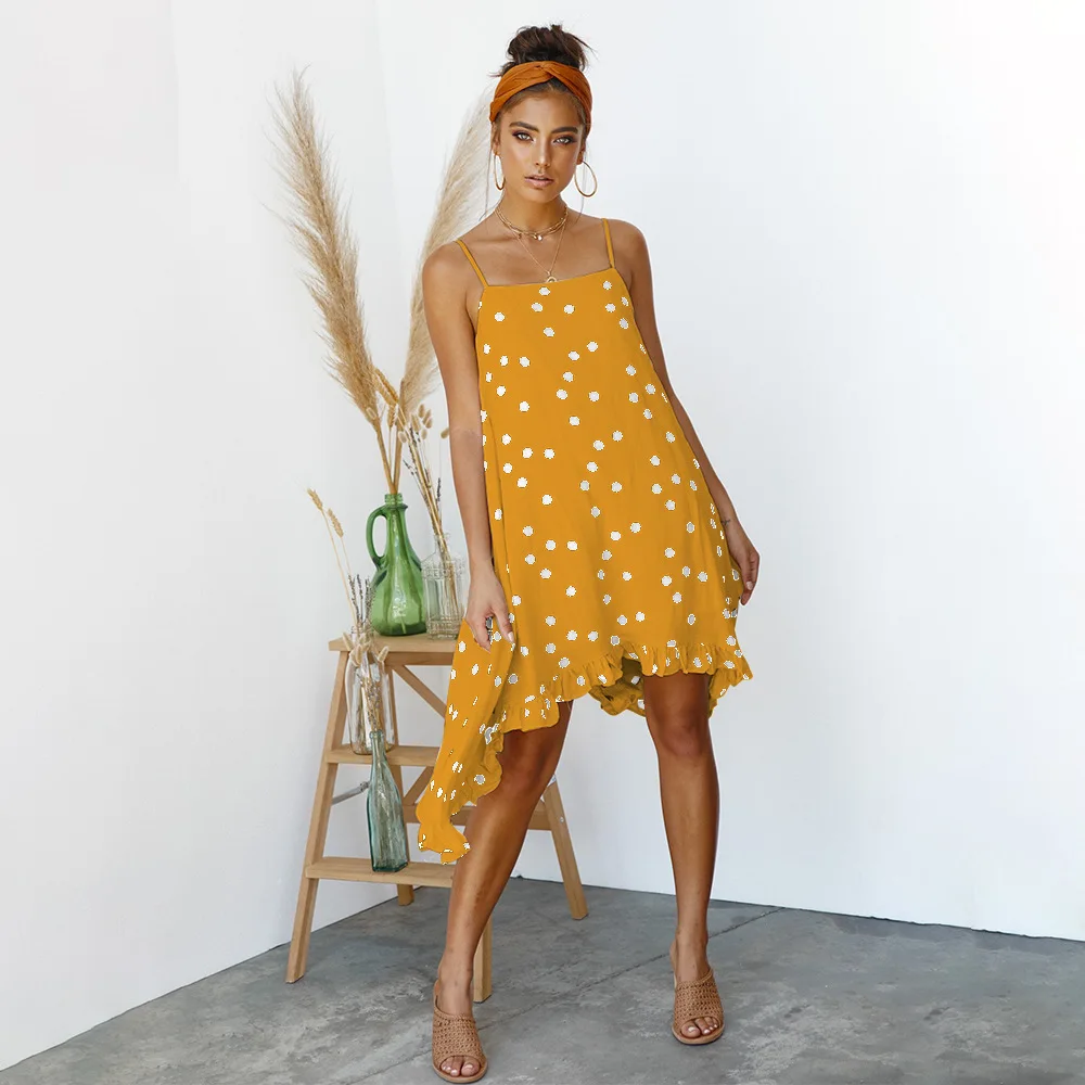 

2020 Women Dress Summer Yellow Spots Sling Dresses Sleeveless Female Sling Backless Dresses