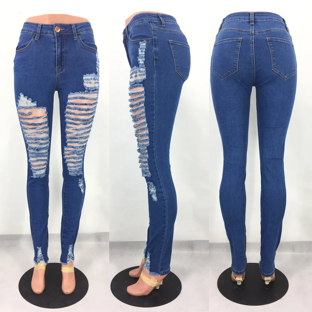 Летние женские джинсы 2019 рваные тонкие деним обтягивающие с большими дырками