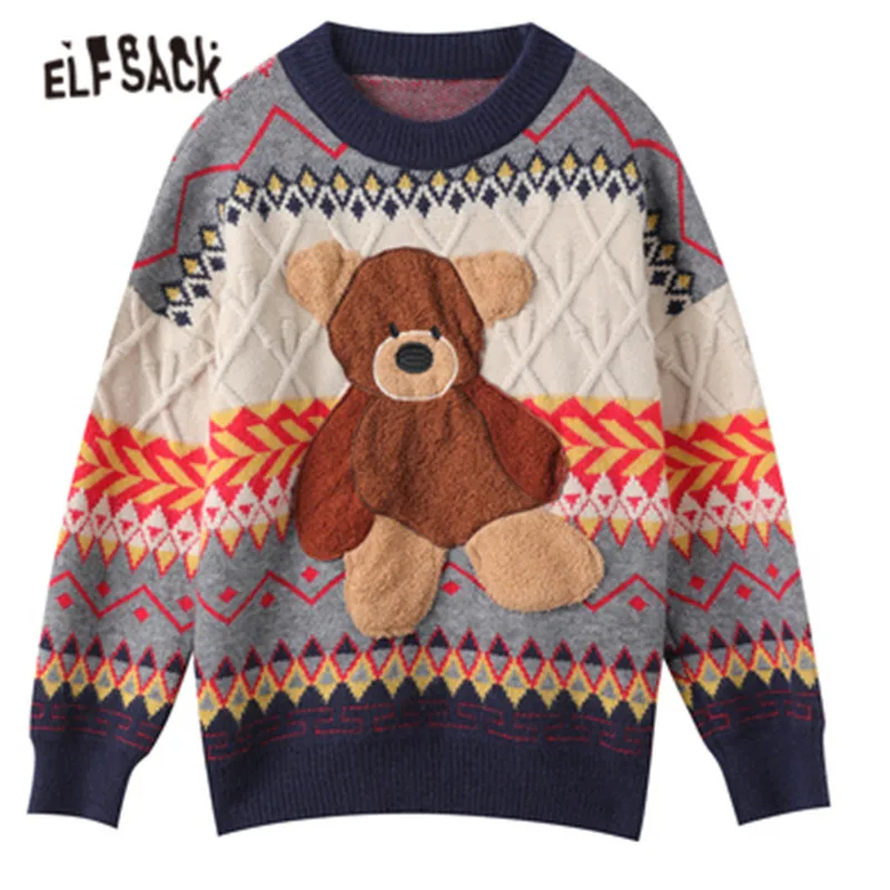 

ELFSACK Kawaii Bear Applique Casual Pullover Knit Sweaters Women,2021 Winter ELF Vintage Korean Ladies Daily Soft Graphic Tops