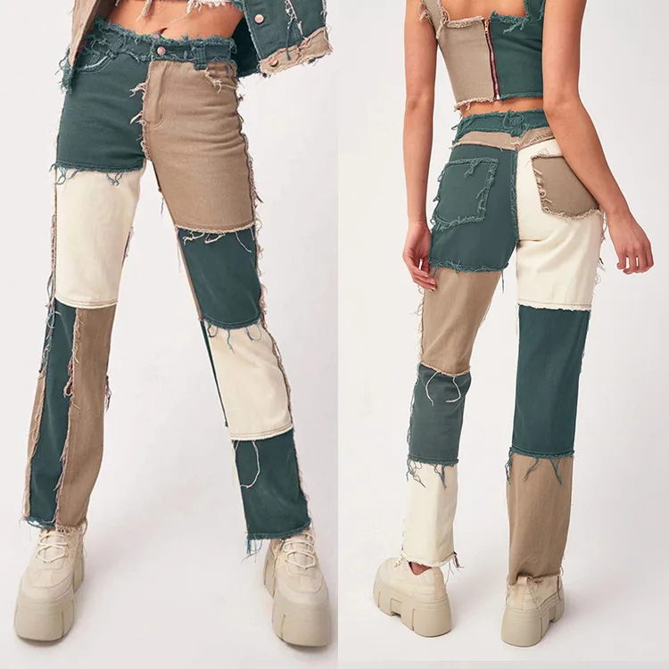 Джинсы женские хлопковые стрейчевые прямые в стиле пэчворк | Женская одежда