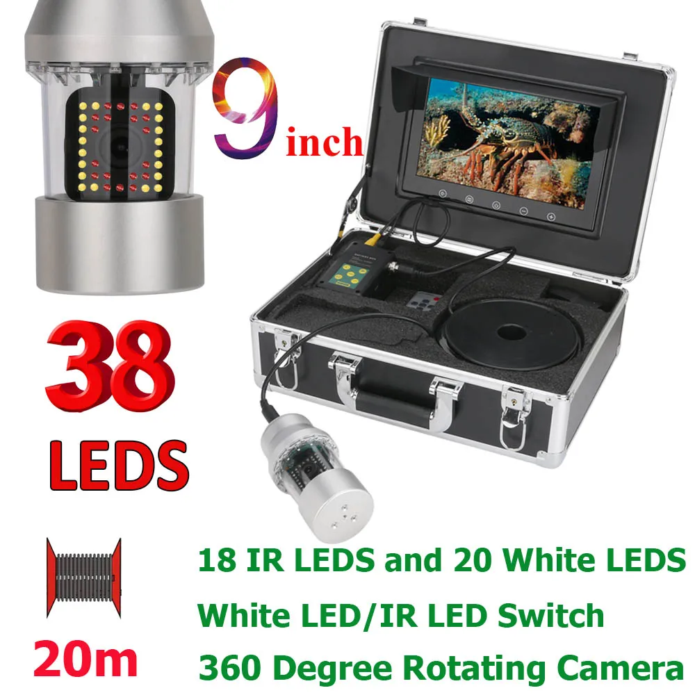 

9 Inch 20m 50m 100m Underwater Fishing Video Camera Fish Finder IP68 Waterproof 38 LEDs 360 Degree Rotating Camera