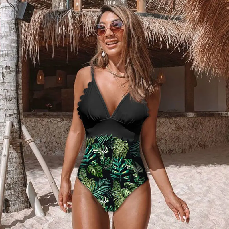 Пикантный слитный купальник женский с цветочным принтом на плечах купальники